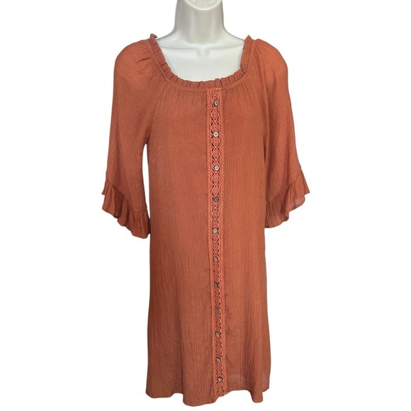 NAIF Dresses & Skirts - Anthropologie Naif‎ Peasant Dress Size Small Bell Sleeves Ruffles Buttons Rust